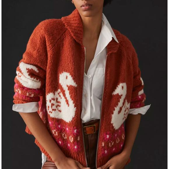 Anthropologie Maeve Zip-Front Swan Burnt Orange Cardigan Sweater - Picture 1 of 7